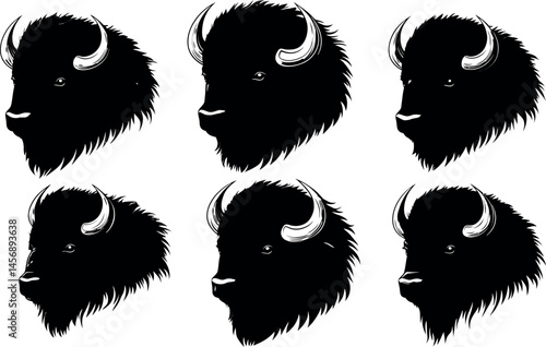 Black silhouette design of buffalo heads in a vector cutout style on a white background