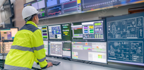 Engineer working at control room,Manager control system,Technician man monitoring program from a lot of monitor