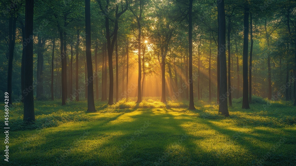 Obraz premium Sunbeams Illuminating a Mystical Forest