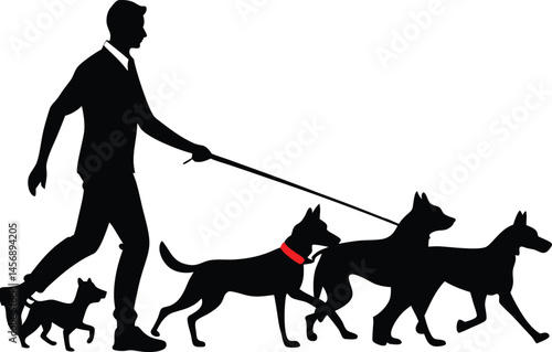 Man Walking Multiple Dogs on Leashes Silhouette Vector