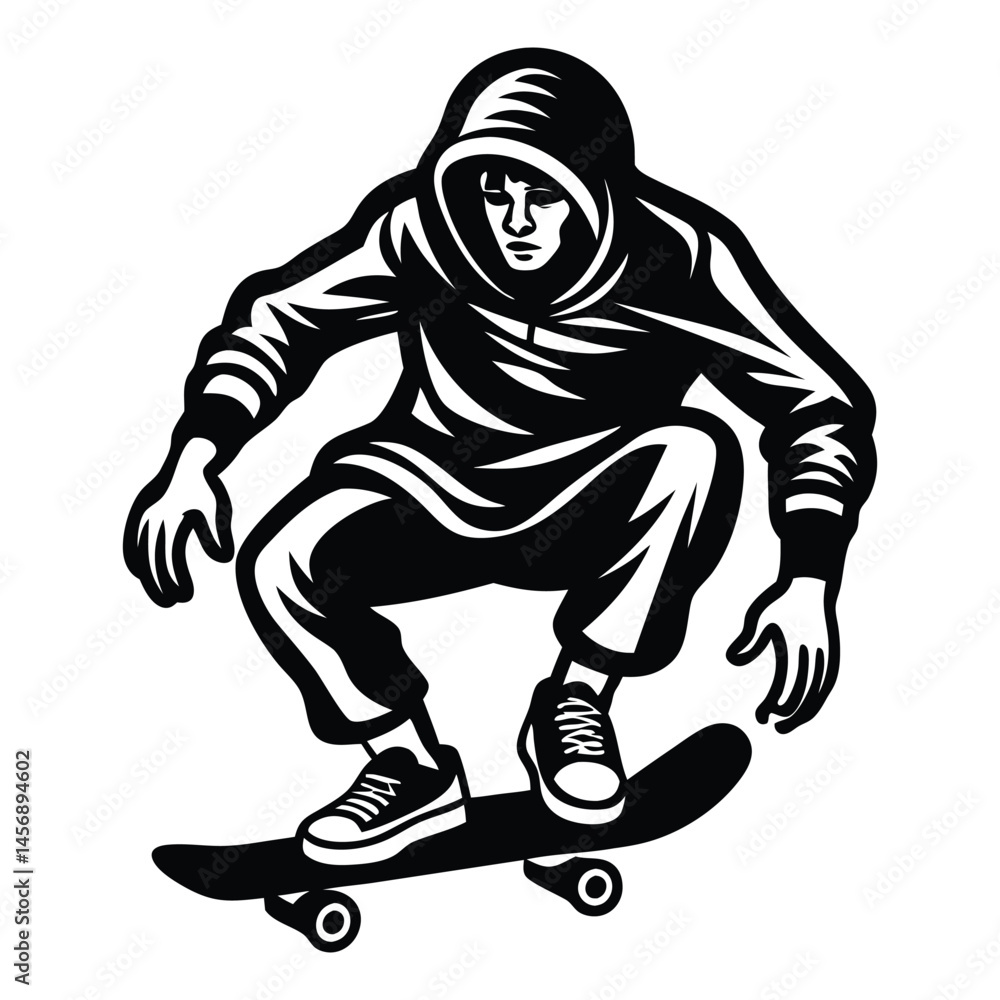 Fototapeta premium Skateboarder Vector Illustration, White Silhouette, Action Sport, Skateboarding Stunt
