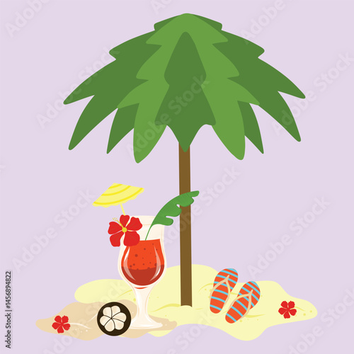 Palm tree on a sand, cocktail, sandals, flower on a background. Tropical beach composition illustration.