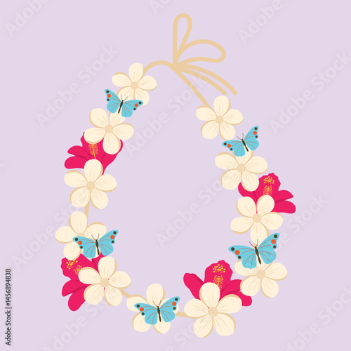 Hawaiian garland on a colorful background, flower garland, Hawaiian lei necklace vector illustration. Flowers, butterflies lei for cards, designs, postcards, icons, etc