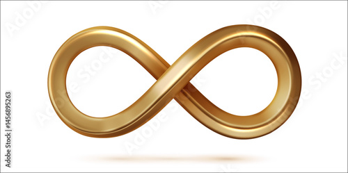Realistic gold infinity symbol isolated. Shiny 3D endless loop icon . Abstract metallic Mobius strip.