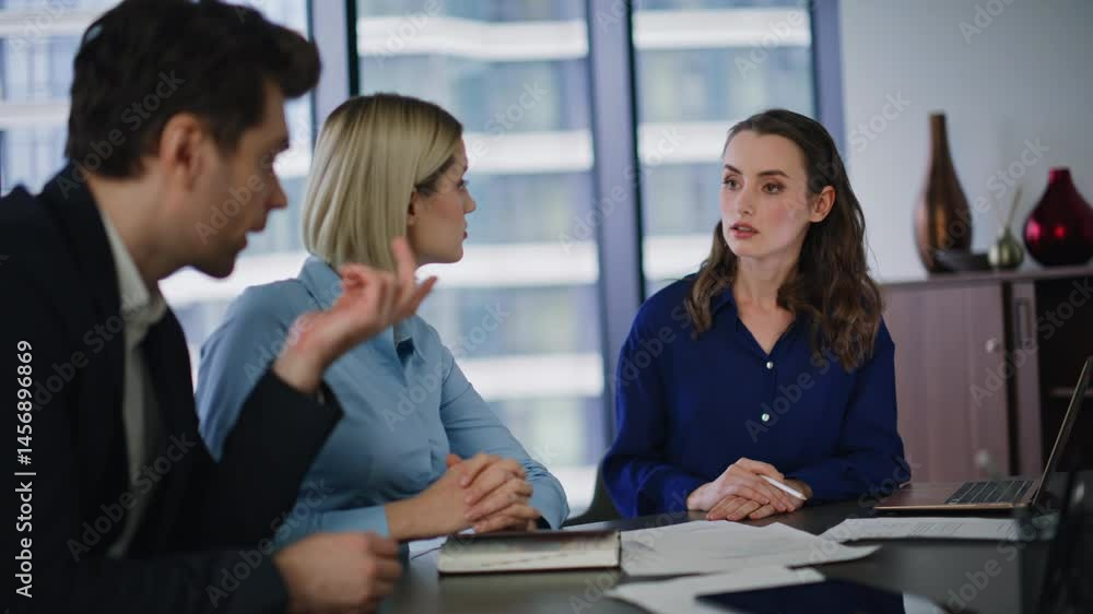 Businesswoman consulting investors office meeting presenting project closeup. Businesswoman consulting investors office meeting presenting project closeup.