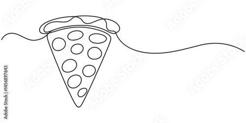 One line  Drawing or illustration of slice of pizza with pepperoni and mushrooms, Continuous single line drawing of delicious sliced cheese pizza design outline vector illustration, Continuous Line.