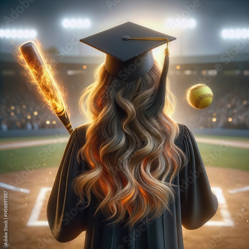 A young woman with flowing hair, dressed in a graduation gown and cap, stands on a baseball field holding a flaming bat with a softball floating nearby