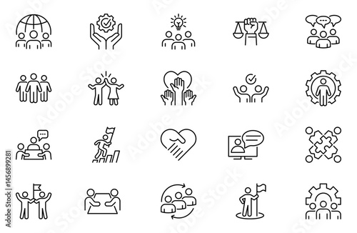 Community outline web icons set. Community, social, friendship, people, village, relationships, diversity, support and development. Vector illustration