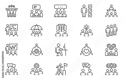 Business People line vector icon set. Pixel perfect. Editable stroke. The set includes a Organized Group, Group Of People, Handshake, Jigsaw Piece, Meeting, Manager, Education Training Class