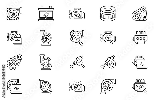 Car engine repair icons, such as turbo charger diagnostics, fuel injector, turbine, spark plug and more. Vector illustration isolated on white. Editable stroke.