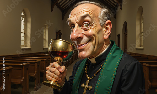 An unsettling priest grins while holding a golden chalice inside an empty traditional church