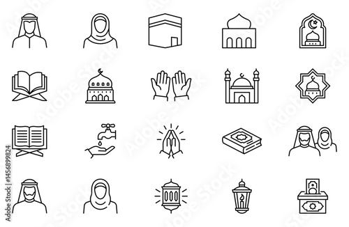 Islamic oulline Icon Set. A beautifully crafted collection of icons reflecting Islamic culture and traditions, educational materials, apps, and websites, and Islamic community.