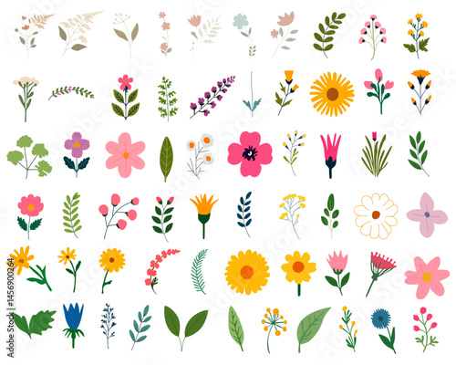 Collection of spring colorful flower elements vector. Set floral of wildflower, leaf branch, foliage on white background.