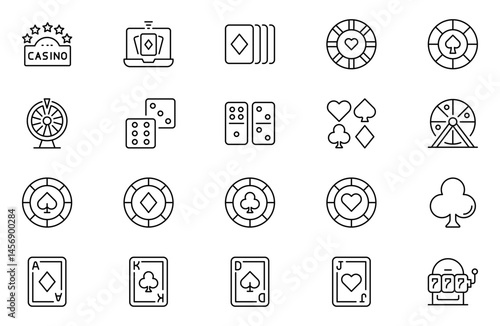 Casino outline icon set. poker, card games. Playing cards, chips, lottery, roulette, slot machine. Outline icon collection. Collection of simple line web icons. Editable stroke. Vector collection.