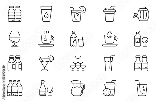 Drink outline icon set. Alcoholic drinks. Lemonade, cocktail, wine, cold and hot, carbonated drinks. Outline icon collection. vector illustration