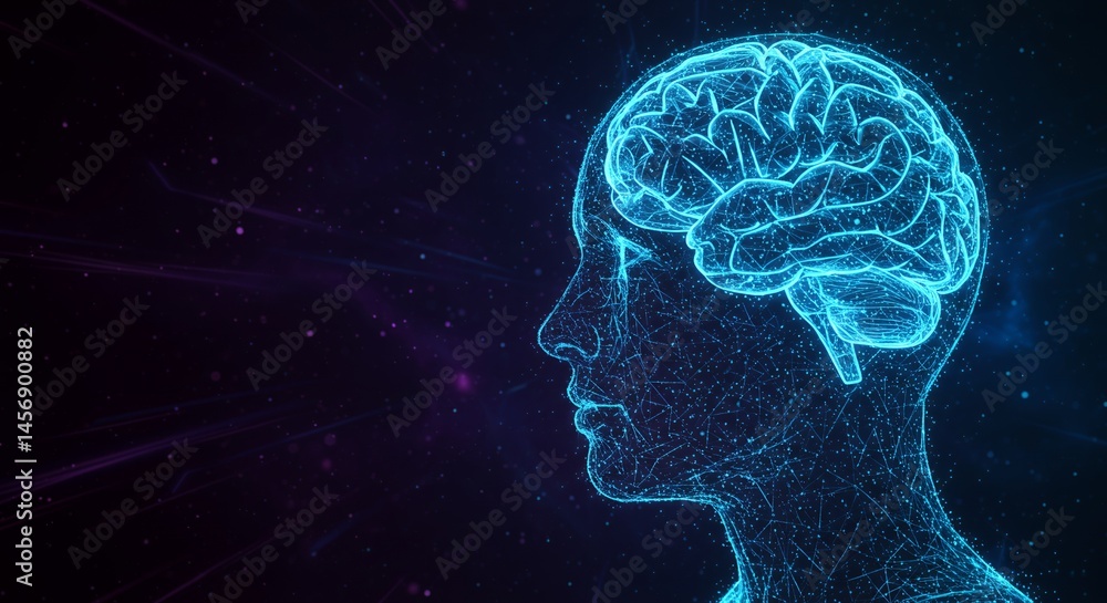 Obraz premium Detailed Digital Human Head Profile with Glowing Blue Lines and Brain Rendered Against a Dark Cosmic Background Perfect for Symbolizing Ai Innovation and Technology