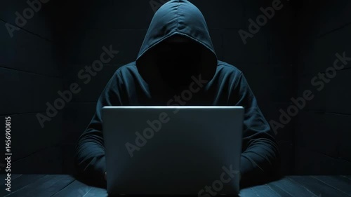 Front angle , a criminal in black hood working with his laptop , Cyber crime mood, 4K video.