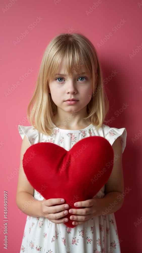 A young girl holding a large red heart in her hands. A young girl holding a large red heart in her hands.