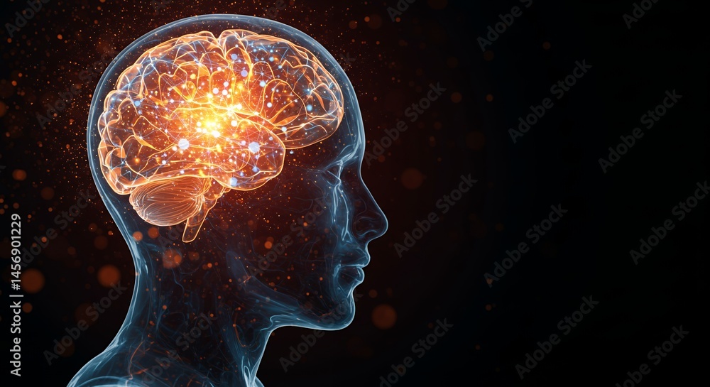 Fototapeta premium Glowing Translucent Head Silhouette with Brain Networks of Orange and Blue Light Emanating From Sparkling Nodes Digital Art on Black Backdrop