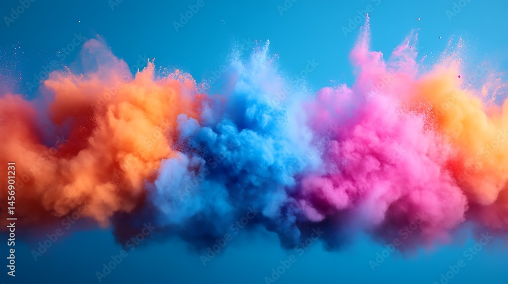 Fototapeta premium Abstract cloud of vibrant colors exploding against a sky blue background in a dynamic display of art and energy
