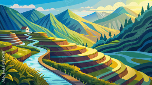A narrow trail hugs the edge of a gleaming white marble ridge, overlooking rice terraces and a far-off river winding through the valley below