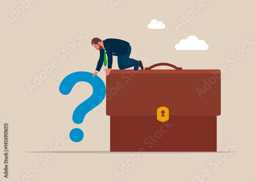 Businessman on briefcase with a heavy heavy question mark. Trying to solve the issue. Flat vector illustration
