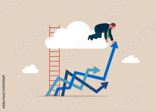 Businessman on cloud and helps to raise the arrow up. Investment profit growth, financial advisor. Make money to get rich or increase earning or income. Flat vector illustration