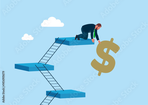 Businessman saves  dollar from crisis. Dollar price soaring sky high hit new high record concept. Flat vector illustration