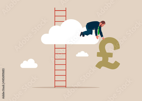 Pound sterling price soaring sky high hit new high record concept. Businessman saves pound sterling bill from crisis.  British money. Currency. Flat vector illustration