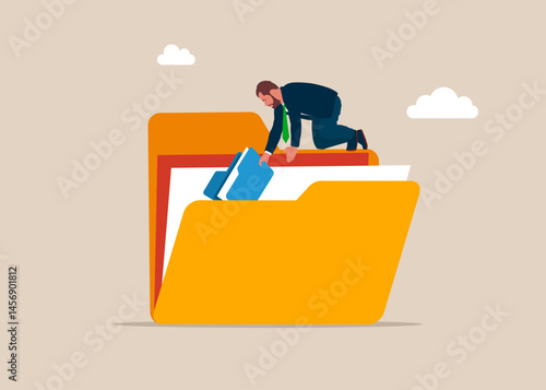 Businessman on yellow folder. Organize folder, leadership skill or trust on work responsibility. Organize document files into archive folders. Flat vector illustration. 