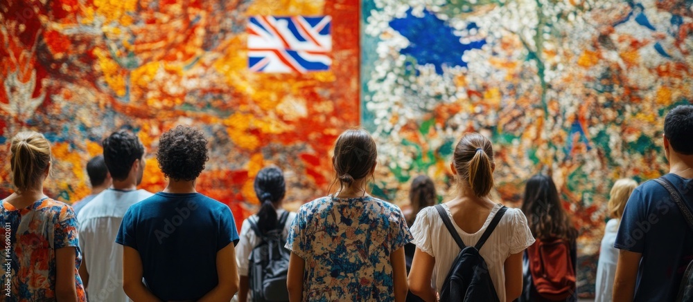 Fototapeta premium Museum Visitors Admire Colorful Mural