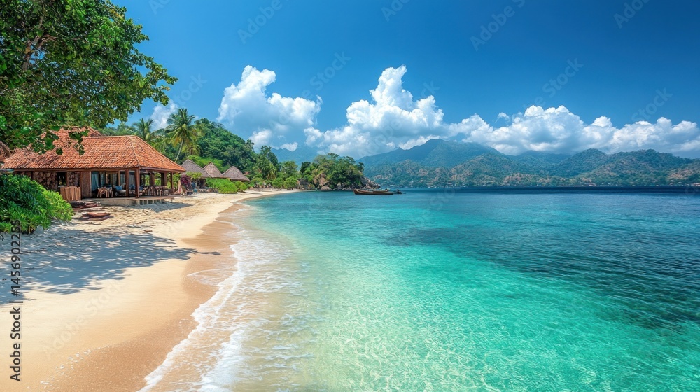 Fototapeta premium Tropical Beach Paradise: Idyllic Island Getaway with Crystal Clear Waters