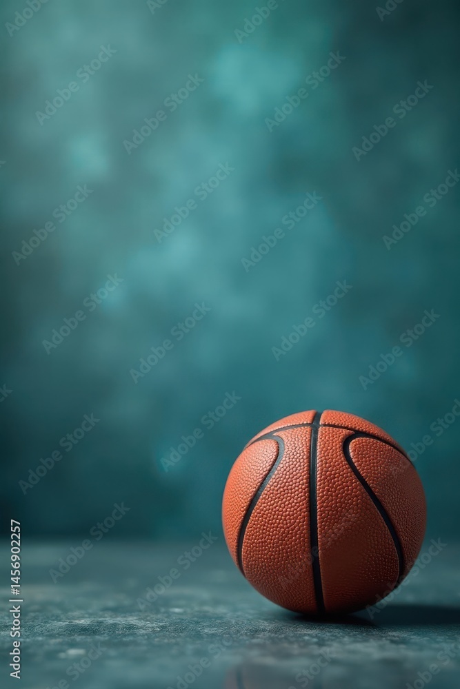 A Single Basketball Rests on a Dark Teal Surface Against a Moody Background A Single Basketball Rests on a Dark Teal Surface Against a Moody Background