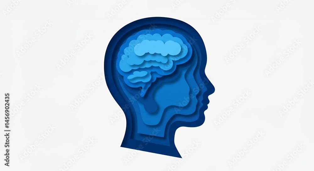 Minimalist Papercut of Child Head Silhouette Revealing Layered Stylized Blue Brain Suggesting Depth and Complexity on White Background Minimalist Papercut of Child Head Silhouette Revealing Layered Stylized Blue Brain Suggesting Depth and Complexity on White Background