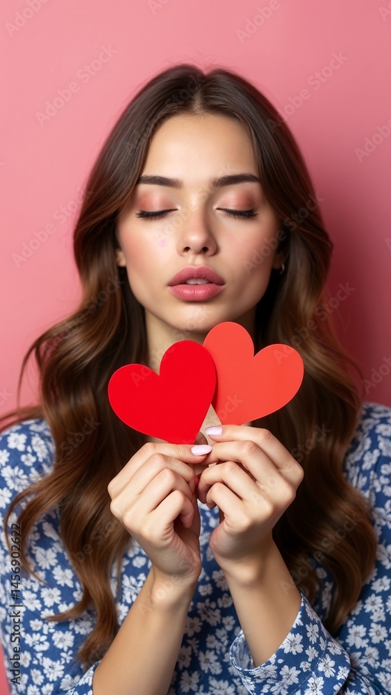 A woman holding two red paper hearts in front of her face. A woman holding two red paper hearts in front of her face.