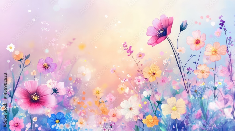 Obraz premium Dreamy wildflower arrangement in gentle pastels, framed by a smooth, flowing gradient background for a serene atmosphere