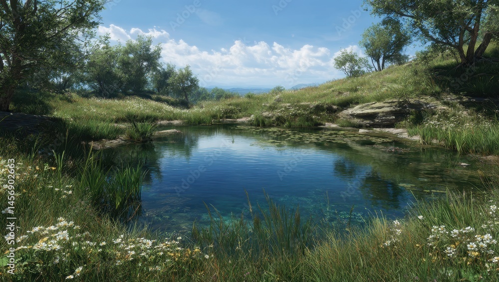 Serene Pond in a Sunny Meadow Landscape Serene Pond in a Sunny Meadow Landscape