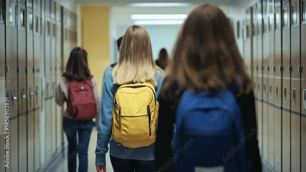 High School Students Walking Down Hallway with Lockers and Backpacks High School Students Walking Down Hallway with Lockers and Backpacks
