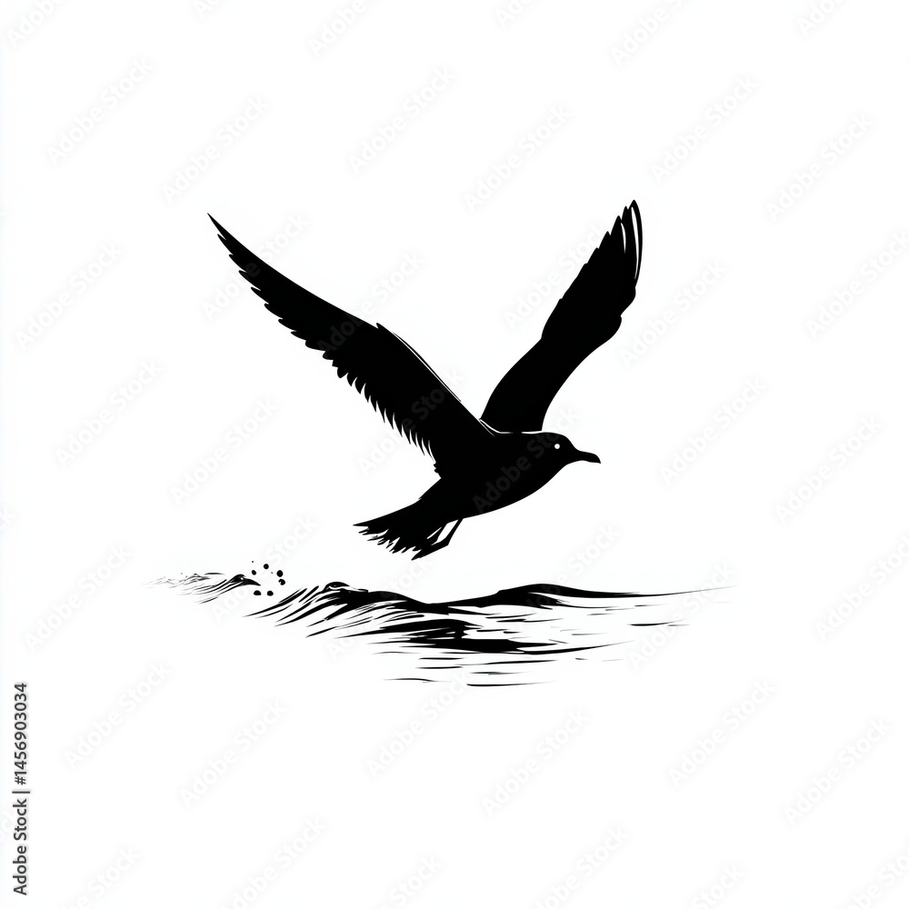 Obraz premium Clean flat black vector of a bird flying over a simple ocean line, symbolizing eco-tourism exploration, minimalistic and stylish, on a white background.