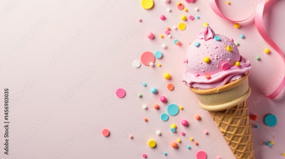 A delightful pink ice cream cone adorned with colorful sprinkles and a festive ribbon, resting on a soft pink background. A delightful pink ice cream cone adorned with colorful sprinkles and a festive ribbon, resting on a soft pink background.