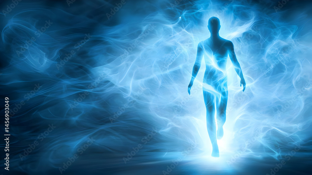 Silhouette of a person walking through a blue energy field. A figure, glowing with ethereal blue light, strolls through a swirling mist of blue energy Silhouette of a person walking through a blue energy field. A figure, glowing with ethereal blue light, strolls through a swirling mist of blue energy