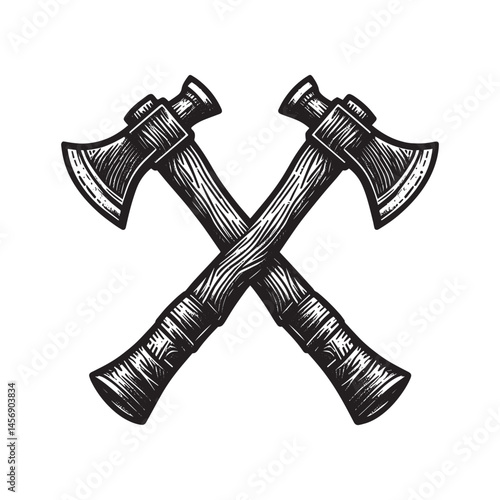 Black and white wooden warrior Crossed Viking Axes axe vector illustration isolated on a white background