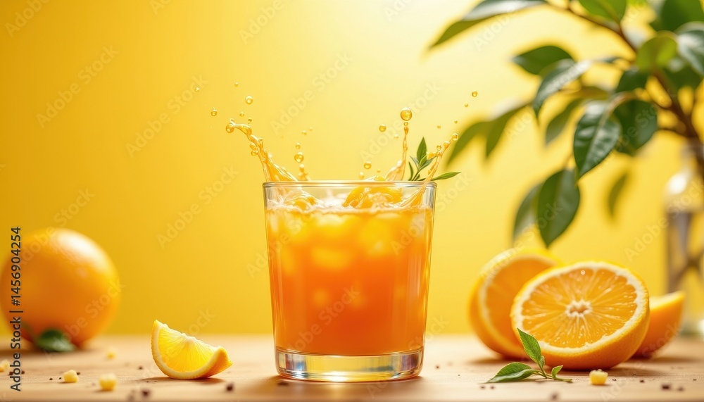 Fototapeta premium A glass of orange juice splashes on a wooden table with fresh oranges and green leaves in a bright, sunny setting.