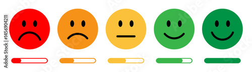 Colorful emoticons showing customer satisfaction levels from bad to excellent, with progress bars. Perfect for surveys, reviews, feedback forms, and rating evaluations. Feedback, icons, emoji.