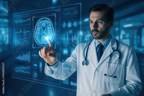 Doctor Using Advanced Medical Technology: A focused male doctor wearing a white coat uses a futuristic touchscreen interface displaying medical data, including a detailed brain scan.