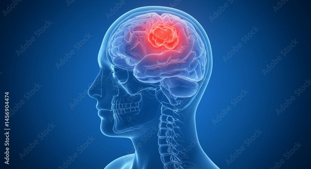 Medical 3D Render of Human Skull and Brain with Red Brain Tumor on Blue Background Medical 3D Render of Human Skull and Brain with Red Brain Tumor on Blue Background