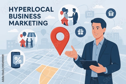 Hyperlocal Business Marketing Concept: A digital illustration visualizes 