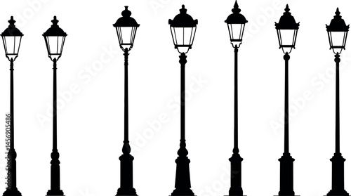 Various black silhouette street lamps in a row showcasing distinct designs