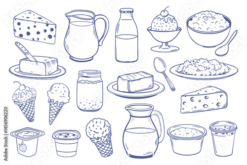 Milk products set. Collection of hand drawn dairy products, including cheese, milk, butter, yogurt, sour cream and ice cream. Doodle sketch icons.