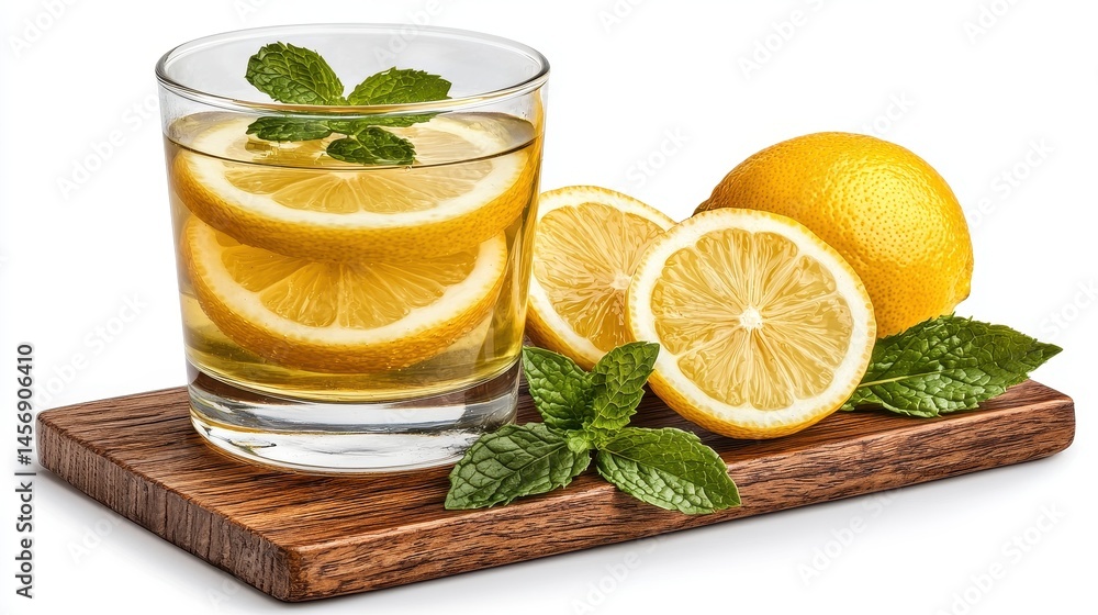 Refreshing Lemon Drink with Mint on Wooden Board Refreshing Lemon Drink with Mint on Wooden Board